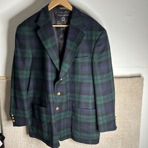 Vtg Tommy Hilfiger Gold Button Blazer Mens 46R Navy Green Plaid USA Union Made